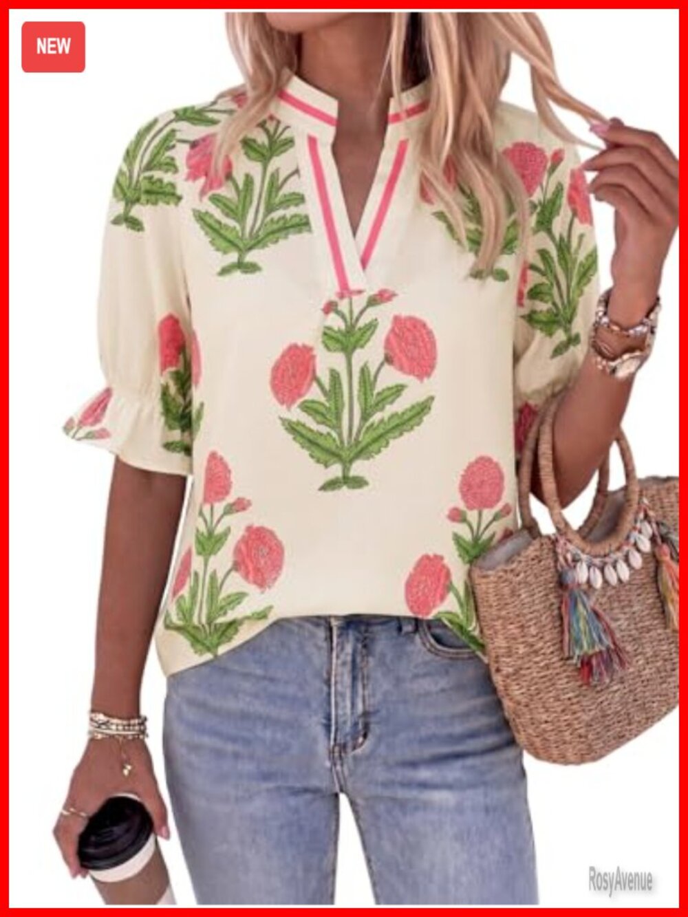 Womens Floral Boho Blouse Puff Sleeve V Neck